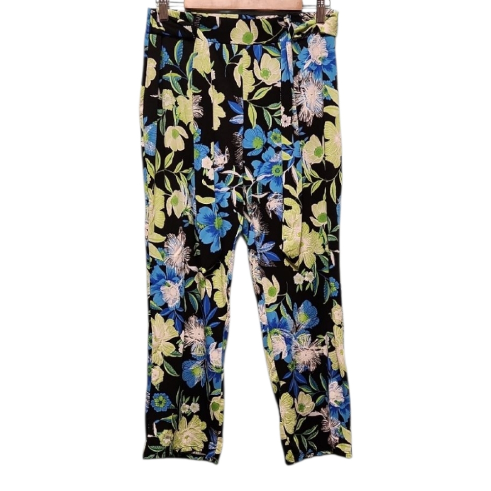 Floral Print Stretch Pants in Black, Green and Blue Floral Design Petite Large